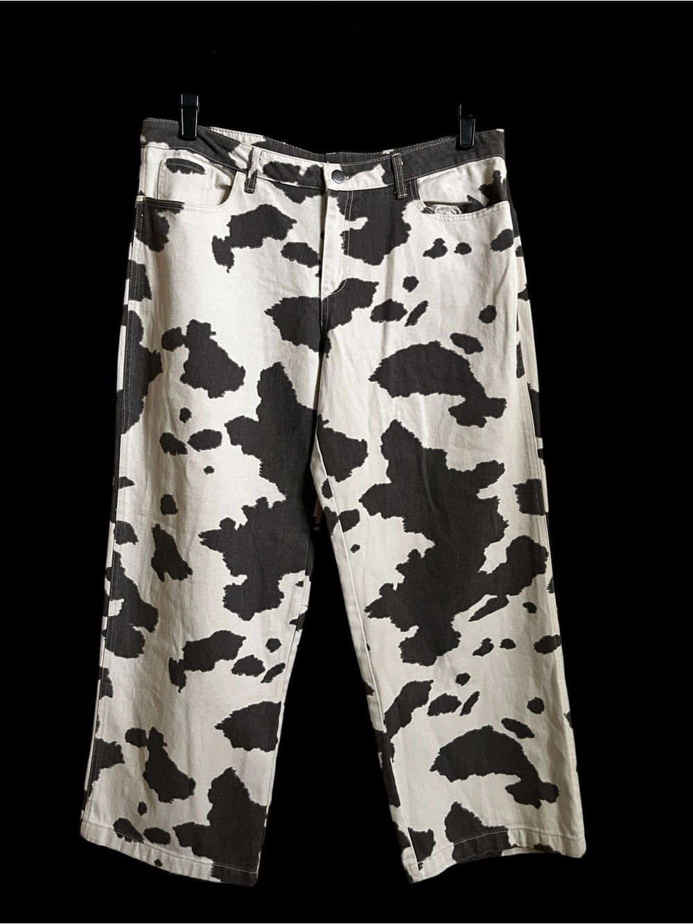NWT Gray and Off White Cow Print Wide Leg Denim Jeans Size L (will fit up)